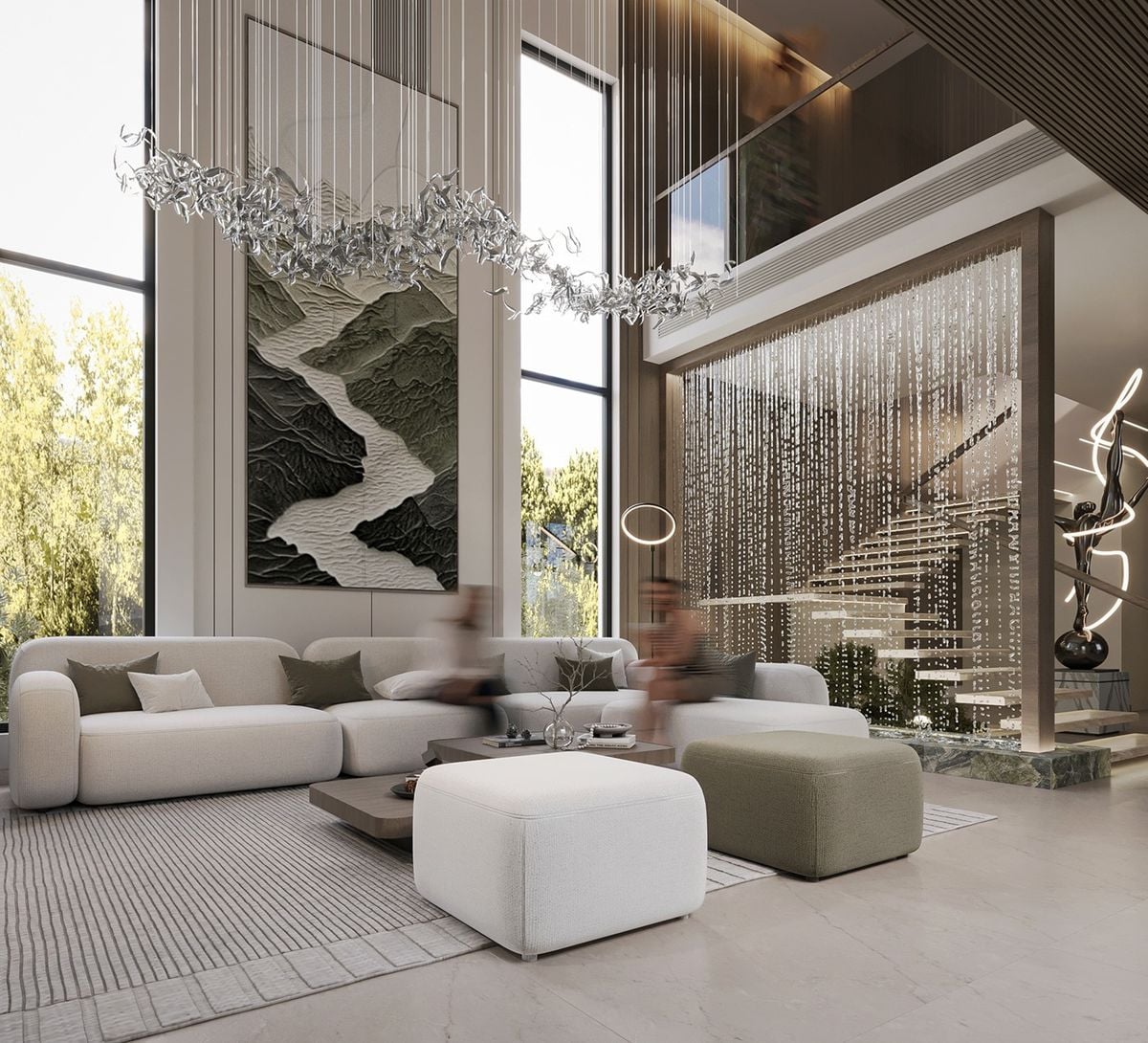 Warm neutral living space with sculptural lighting and natural textures